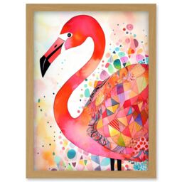 Artery8 Flamingo Bird With Patterns Folk Art Watercolour Painting Artwork Framed Wall Art Print A4 in Light Oak - thumbnail 1
