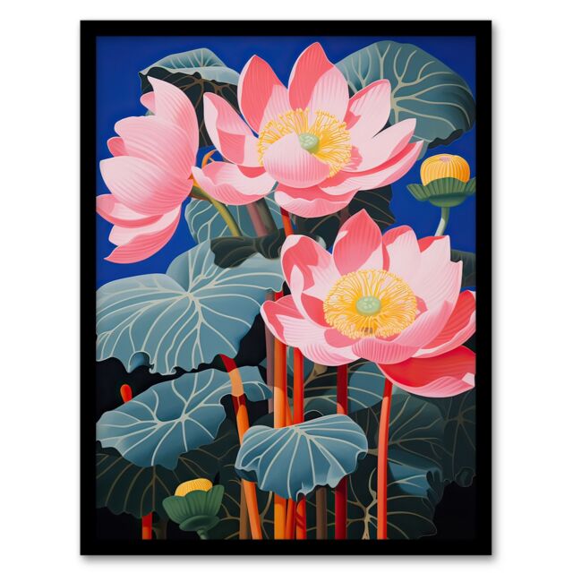 Artery8 Wall Art Print Blooming Lotus Flowers Detailed Graphic Painting Pink Blue Green Stylised Aquatic Plant Artwork Framed - Size: A4 - image 1