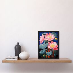 Artery8 Wall Art Print Blooming Lotus Flowers Detailed Graphic Painting Pink Blue Green Stylised Aquatic Plant Artwork Framed - Size: A4 - thumbnail 4