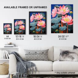 Artery8 Wall Art Print Blooming Lotus Flowers Detailed Graphic Painting Pink Blue Green Stylised Aquatic Plant Artwork Framed - Size: A4 - thumbnail 3
