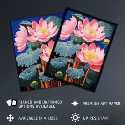 Artery8 Wall Art Print Blooming Lotus Flowers Detailed Graphic Painting Pink Blue Green Stylised Aquatic Plant Artwork Framed - Size: A4 - thumbnail 2