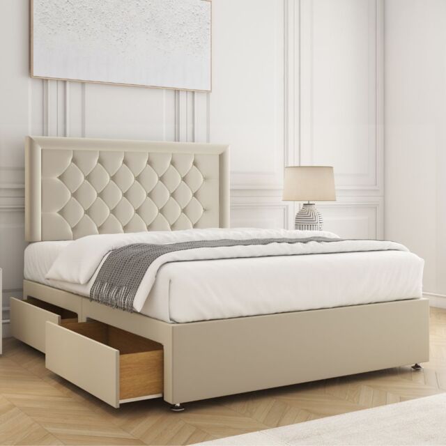 "BSSPOKE Nova Divan Bed Set Plush 24"" Headboard & 2Drawers Same Side &Mattress in Cream - Size: Super King" - image 1