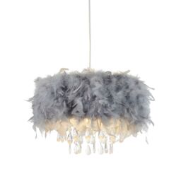 Lighting Collection Feather Pendant Shade With Acrylic Drops Lamp Shade in Grey - thumbnail 1