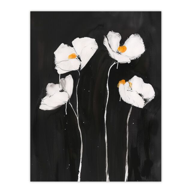 "Artery8 White Poppy Flowers on Black Bold Floral Painting Wall Art Print - Size: W18"" x H24""" - image 1