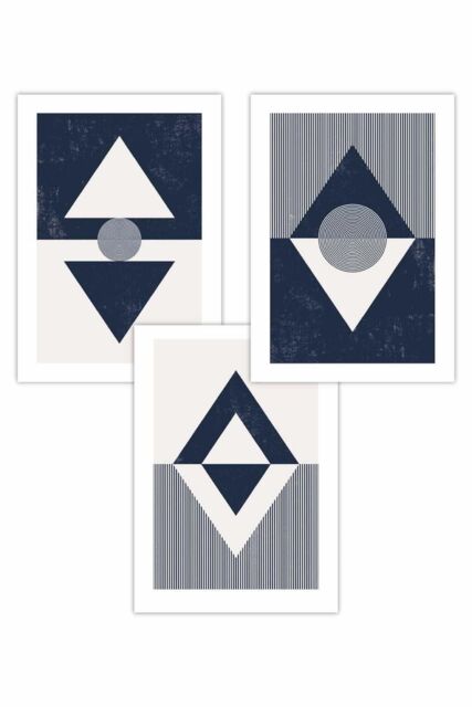ARTZE Set of 3 Mid Century Geometric Navy Blue Diamonds Art Posters - Size: W30 cm x H42 cm - image 1