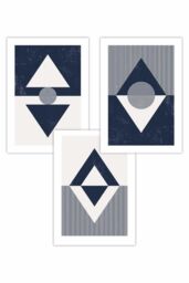 ARTZE Set of 3 Mid Century Geometric Navy Blue Diamonds Art Posters - Size: W30 cm x H42 cm - thumbnail 1