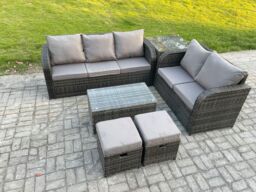 Fimous 7 Seater Rattan Wicker Garden Furniture Patio Conservatory Sofa Set with Rectangular Coffee Table 3 Seater Sofa Love Sofa 2 Small Footstools - thumbnail 2