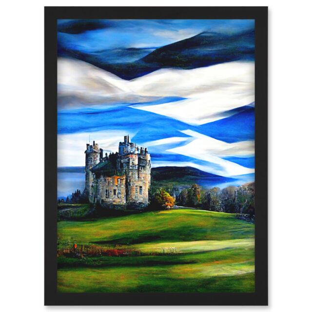 Artery8 Modern Oil Paint Doune Scottish Castle Saltire Sky Artwork Framed Wall Art Print A4 in Black - image 1