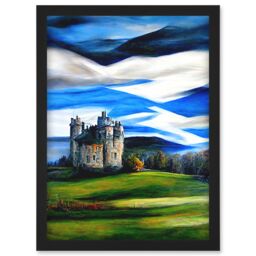 Artery8 Modern Oil Paint Doune Scottish Castle Saltire Sky Artwork Framed Wall Art Print A4 in Black - thumbnail 1