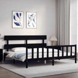 Berkfield Home Bed Frame with Headboard Black 200x200 cm Solid Wood - thumbnail 3
