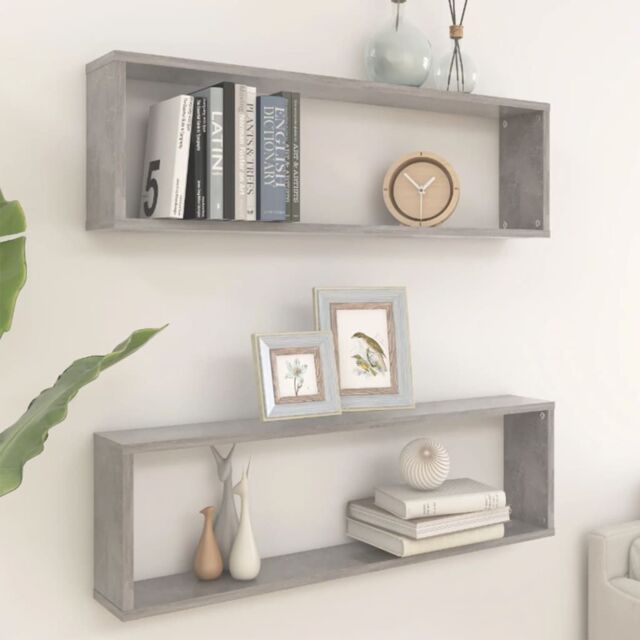 Berkfield Home Wall Cube Shelf 2 pcs Concrete Grey 100x15x30 cm Engineered Wood - Size: 100 x 15 x 30 cm - image 1