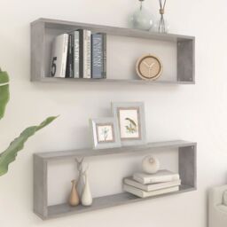 Berkfield Home Wall Cube Shelf 2 pcs Concrete Grey 100x15x30 cm Engineered Wood - Size: 100 x 15 x 30 cm - thumbnail 1