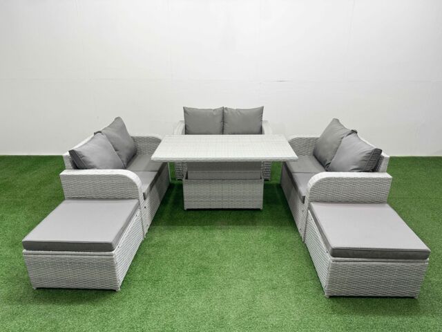 Fimous 8 Seater PE Wicker Rattan Furniture Sofa Sets with Adjustable Lifting Dining or Coffee Table 2 Seater Love Sofa 2 Big Footstool Light Grey - image 1