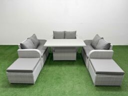 Fimous 8 Seater PE Wicker Rattan Furniture Sofa Sets with Adjustable Lifting Dining or Coffee Table 2 Seater Love Sofa 2 Big Footstool Light Grey - thumbnail 1