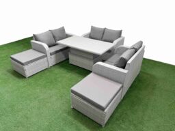 Fimous 8 Seater PE Wicker Rattan Furniture Sofa Sets with Adjustable Lifting Dining or Coffee Table 2 Seater Love Sofa 2 Big Footstool Light Grey - thumbnail 2