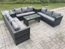 Fimous Outdoor Rattan Garden Furniture Lounge Sofa Set With Oblong Rectagular Coffee Table in Dark Grey - thumbnail 2