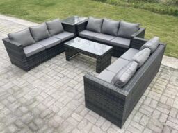 Fimous Outdoor Rattan Garden Furniture Lounge Sofa Set With Oblong Rectagular Coffee Table in Dark Grey - thumbnail 3