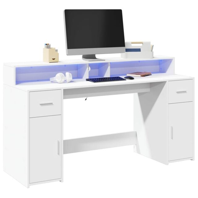 Berkfield Home Desk with LED Lights White 160x55x91 cm Engineered Wood - Size: 160 x 55 x 91 cm - image 1