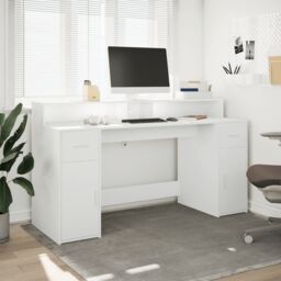 Berkfield Home Desk with LED Lights White 160x55x91 cm Engineered Wood - Size: 160 x 55 x 91 cm - thumbnail 4