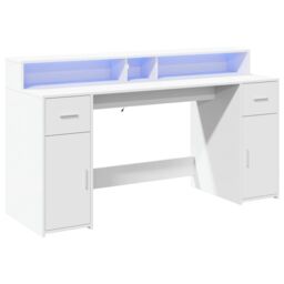 Berkfield Home Desk with LED Lights White 160x55x91 cm Engineered Wood - Size: 160 x 55 x 91 cm - thumbnail 3