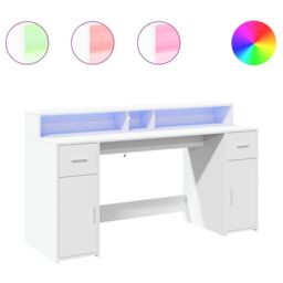 Berkfield Home Desk with LED Lights White 160x55x91 cm Engineered Wood - Size: 160 x 55 x 91 cm - thumbnail 2