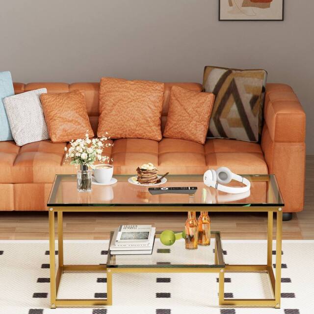 Huhote Rectangular 2-Tier Coffee Table Glass Top Metal Frame 39.3x18.8x17.7in in Gold - image 1