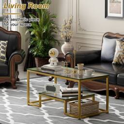 Huhote Rectangular 2-Tier Coffee Table Glass Top Metal Frame 39.3x18.8x17.7in in Gold - thumbnail 6