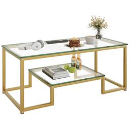Huhote Rectangular 2-Tier Coffee Table Glass Top Metal Frame 39.3x18.8x17.7in in Gold - thumbnail 2