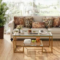 Huhote Rectangular 2-Tier Coffee Table Glass Top Metal Frame 39.3x18.8x17.7in in Gold - thumbnail 4