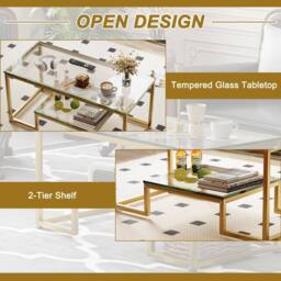 Huhote Rectangular 2-Tier Coffee Table Glass Top Metal Frame 39.3x18.8x17.7in in Gold - thumbnail 7