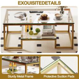 Huhote Rectangular 2-Tier Coffee Table Glass Top Metal Frame 39.3x18.8x17.7in in Gold - thumbnail 8