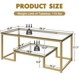 Huhote Rectangular 2-Tier Coffee Table Glass Top Metal Frame 39.3x18.8x17.7in in Gold - thumbnail 3