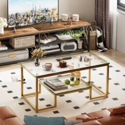 Huhote Rectangular 2-Tier Coffee Table Glass Top Metal Frame 39.3x18.8x17.7in in Gold - thumbnail 5