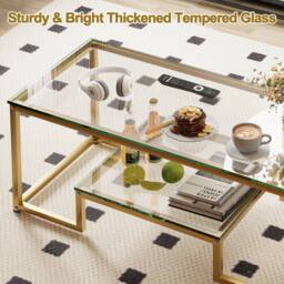 Huhote Rectangular 2-Tier Coffee Table Glass Top Metal Frame 39.3x18.8x17.7in in Gold - thumbnail 9