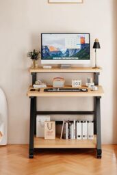 Living and Home 3-Tier Computer Desk with Wheels in Light Brown - thumbnail 1