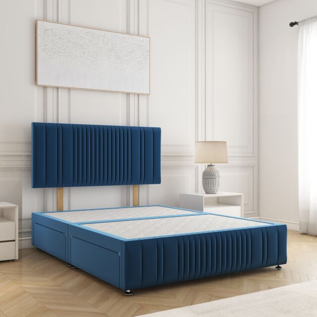 "BSSPOKE Rosie Divan Bed Plush Velvet 24"" Headboard & No Mattress No Drawers in Blue - Size: King" - image 1