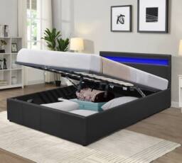 Comfy Living Ltd Faux Leather Modern Gas Lift Ottoman Bed Frame With LED in Black - Size: King - thumbnail 1