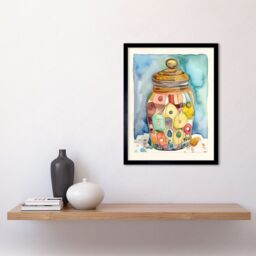 "Artery8 Wall Art Print Glass Cookie Jar With Sweets Folk Art Watercolour Painting Art Framed in Black - Size: W12"" x H16""" - thumbnail 2