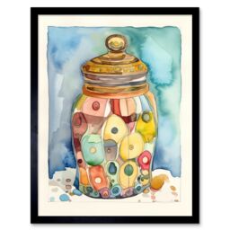 "Artery8 Wall Art Print Glass Cookie Jar With Sweets Folk Art Watercolour Painting Art Framed in Black - Size: W12"" x H16""" - thumbnail 1