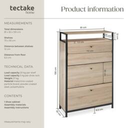 tectake Shoe Rack Buffalo 81 Cm - Industrial Wood Light, Oak Sonoma in Light Oak - thumbnail 6