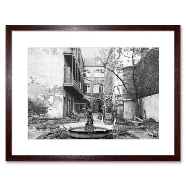 Artery8 Vintage Black & White Photograph Old French Courtyard Fountain Swing New Orleans Louisiana Artwork Framed Wall Art Print 12X16 Inch in Brown - image 1