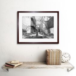 Artery8 Vintage Black & White Photograph Old French Courtyard Fountain Swing New Orleans Louisiana Artwork Framed Wall Art Print 12X16 Inch in Brown - thumbnail 2