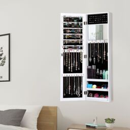 Costway Wall Mounted Jewelry Cabinet Jewelry Armoire w/Full-Length Mirror in White - thumbnail 6