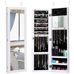 Costway Wall Mounted Jewelry Cabinet Jewelry Armoire w/Full-Length Mirror in White - thumbnail 1