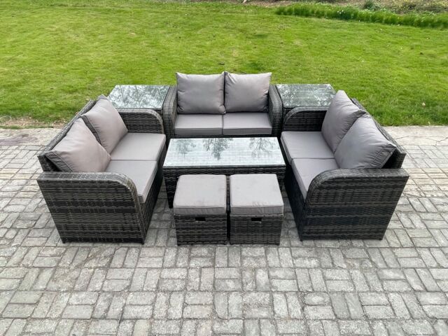 Fimous Outdoor Garden Furniture Sets 8 Pieces Wicker Rattan Furniture Sofa Sets with Rectangular Coffee Table Love seat Sofa 2 Small Footstools - image 1