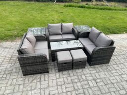 Fimous Outdoor Garden Furniture Sets 8 Pieces Wicker Rattan Furniture Sofa Sets with Rectangular Coffee Table Love seat Sofa 2 Small Footstools - thumbnail 2