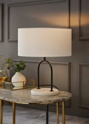 ValueLights Rachel Black Arch Marble Base Table Lamp with White Linen Lamp Shade - thumbnail 1