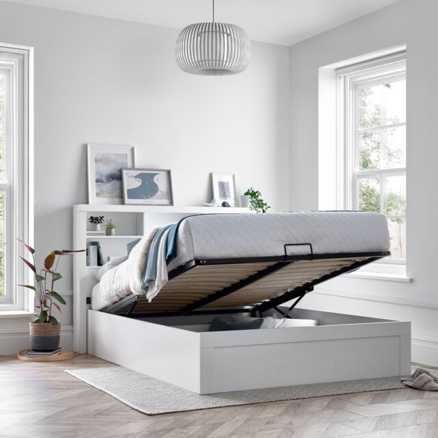 Bedmaster Arizona Wooden Bookcase Ottoman Storage Bed & Neptune Spring Mattress in White - Size: Double - image 1