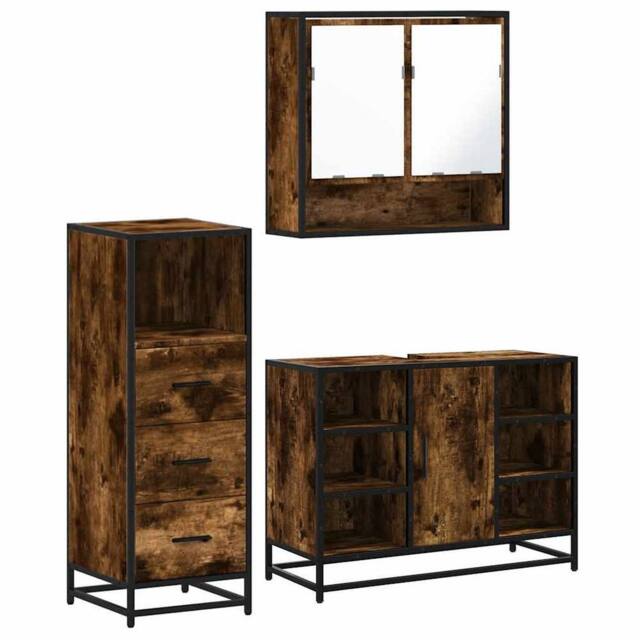 Berkfield Home 3 Piece Bathroom Furniture Set Smoked Oak Engineered Wood in Brown - image 1