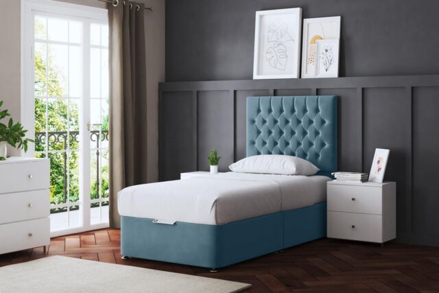 DS Living Seraphine Metallic Blue Divan Bed with Headboard - Size: Single - image 1